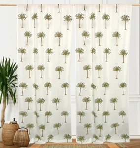 Boho Cotton Window Curtains Palm Tree Print Sheer Drapes Panels for Living Room - Picture 1 of 8