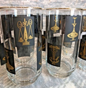 Vintage Retro Black/Gold Cocktail Glasses Rx Pharmacy, MCM, Set of 7, Libbey - Picture 1 of 22