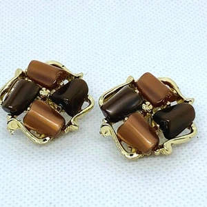 VINTAGE gold tone Brown art deco 3 D clip earrings - Picture 1 of 7