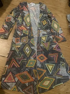LuLaRoe Girls sz 6 Long Cardigan Grey W/ Geometrical Shapes In Multicolor Retro - Picture 1 of 18