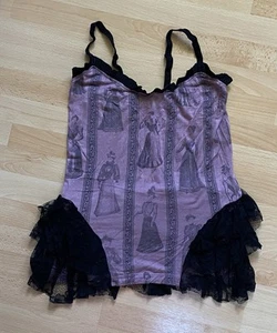 LIP SERVICE TOP NEGRO VIOLETA CON ENCAJE VOLANTES FALDA BARROCA SEÑORA ESTAMPADO RARO S - Imagen 1 de 4