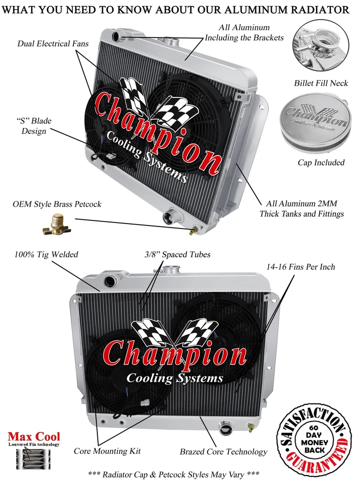 Radiador ER Champion 3 filas con 2 ventiladores de 12" para Chevrolet Bel Air 1969 1970 aire acondicionado Foto 1 de 4