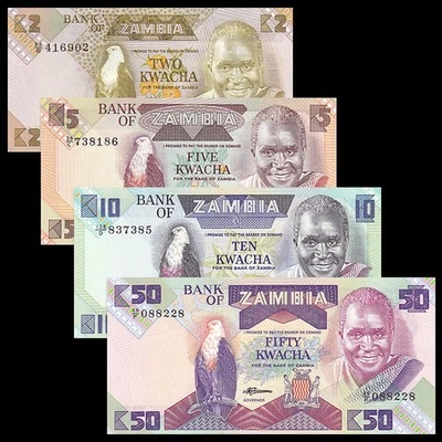 Zambia 2 5 10 50 Kwacha, 1986-1988, Set of 4 PCS, P24 P25 P26 P28, UNC - Image 1 of 2