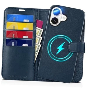  Case Detachable Wallet with [Wireless Charging] for iPhone 16 Plus Dark Blue - Picture 1 of 7