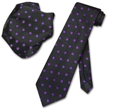 Vesuvio Napoli BLACK with PURPLE Polka Dots NeckTie Handkerchief Matching Tie - Image 1 of 2