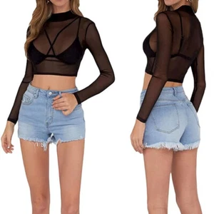 Damen Langarm transparentes Netz durchsichtig Rundhalsausschnitt Tops T-Shirt - Bild 1 von 12