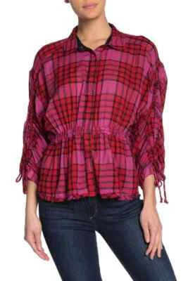 Camisa a cuadros Free People Pacific Dawn con cordón para mujer, roja/rosa múltiple, mediana Foto 1 de 3