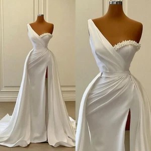 Luxury Mermaid Wedding Dresses One Shoulder Sleeveless Satin Pearls Bridal Gowns - Picture 1 of 8