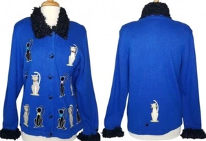 VTG Berek Blue Cardigan Sweater Size L Cat Appliques Black Chenille Collar/Wrist - Picture 1 of 12