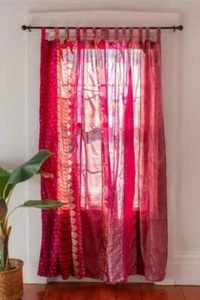2 Pcs Indian Sari Patchwork Curtain Drape Window Decor Multi Silk Sari Curtain - Picture 1 of 13