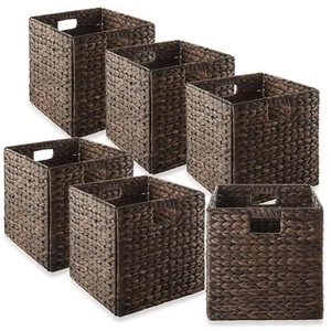Set of 6 Hyacinth Storage Cubes, 12x12 Wicker Basket Bins for Shelves, Espresso - Picture 1 of 7
