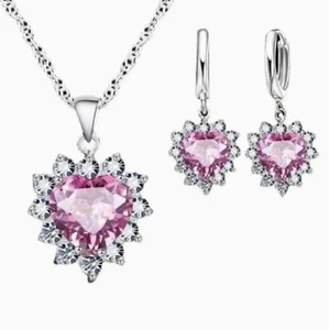 Heart-Shaped Pink Crystal Necklace & Earrings Set Silver Tone - Picture 1 of 2