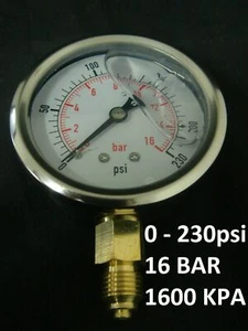 Pressure Gauge Liquid Filled BSPP 0 – 230 psi 16 Bar (1600 Kpa) Air Water Gauge - Picture 1 of 5