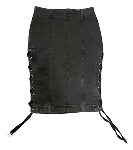 Free People Size 0 Black Denim Lace Up Midi Pencil Skirt Grunge Festival Punk - Picture 1 of 9