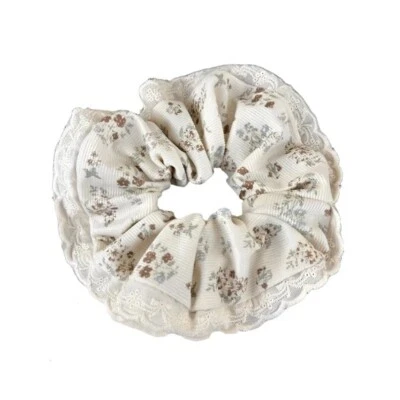 White Velvet Brown And Light Blue Floral Hair Scrunchie - Image 1 of 2