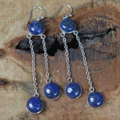 Sterling 925 Argento Rotondo Forma Lapislazzuli Fatto a Mano Orecchini Per Donna - Immagine 1 di 4