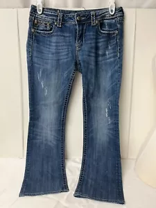 Jeans Miss Me Women sz 33 Boot Cut Blue Denim Distressed Embroidered Embellished - Picture 1 of 22