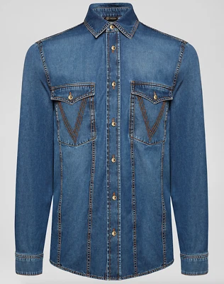 NUEVO CON ETIQUETAS Versace V Logo Stitch Azul Denim Medusa Camisa Abotonada 39 EE. UU. 15,5 $1250 Foto 1 de 4