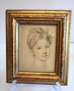 Rene David ritratto disegno matita su seta cornice foglia oro vintage Italia - Foto 1 di 6