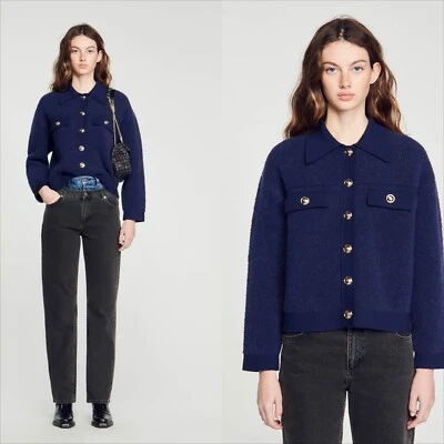 SANDRO Ted 毛圈蓝色羊毛 + 羊驼混纺开衫夹克美国 X-SMALL $445 — 第 1/4 张图片