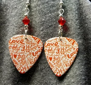 The Language of Love White Guitar Pick Earrings with Red Swarovski Crystals - Picture 1 of 3