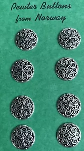 Vintage Pewter Buttons 8 WOW!! Tinn-Per Sissel Design 5/8” Norwegian - Picture 1 of 5