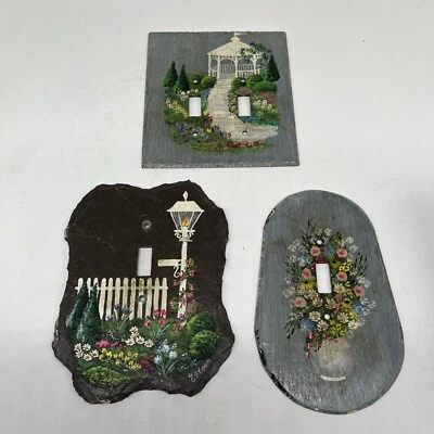 Interruptor de luz de ardósia pintado à mão cobre flores e paisagem com um gazebo - Imagem 1 de 4