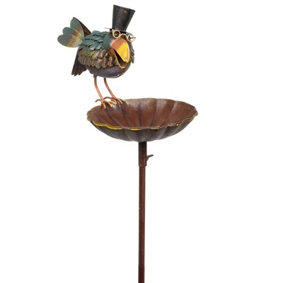 Gartenstecker Vogeltränke Metall Rabe mit Zylinder 17x28x129cm Garten Gartenstab - Bild 1 von 4