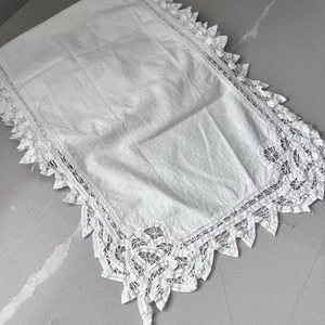 Vintage White Battenburg Lace Table runner Scalloped Corners 12x60” - Picture 1 of 7