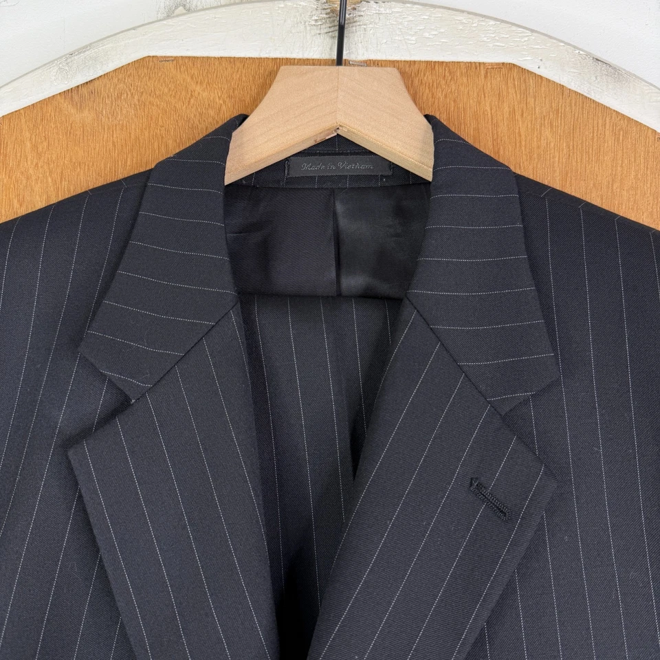 Chaps Suit Mens 46R Black Pinstripe 3 Button 100% Wool Pants 42x30 Pleated Front - Image 1 of 4