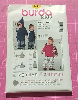 Burda 9450 Toddlers Hoodie Jacket and Pants Sewing Pattern  Sizes 3M-2 - Image 1 of 3
