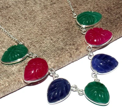 Collar Tallado Rosa y Azul Hoja de Calcedonia Verde Ónix Piedras Preciosas 18" GW Foto 1 de 3