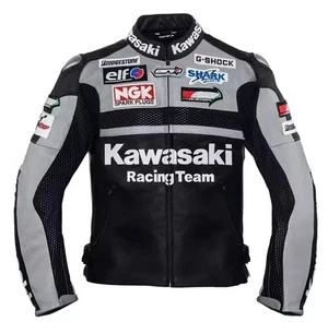 Kawasaki Black Motorcycle Biker Jacket Genuine Cowhide Motorbike Leather Jacket - Picture 1 of 3