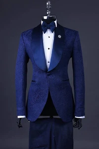 Marineblauer Jacquard Paisley Schal Revers Party Smoking Bräutigam Abschlussball Hochzeit Anzug für Herren - Bild 1 von 8