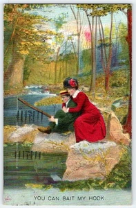 1911 You Can Bait My Hook Pesca Pareja Romántica Comedia Postal - Imagen 1 de 2