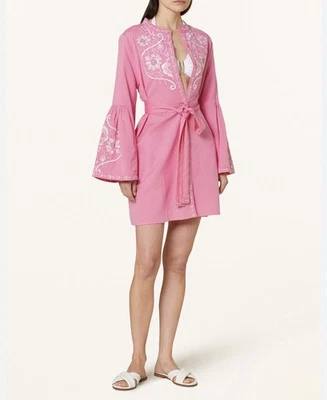 Vestido Melissa Odabash Everly Rosa Blanco Bordado Lino Algodón Caftán Talla M Foto 1 de 4