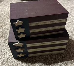 Vintage Schmuck Schmuckkästchen - Holz Sterne Streifen Americana rot weiß blau - Bild 1 von 16