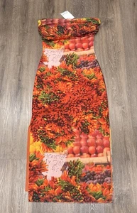 Zara Kleid Damen Medium Maxi Mesh Stretch Schulterfrei Obst Chili Pepper NEU - Bild 1 von 14