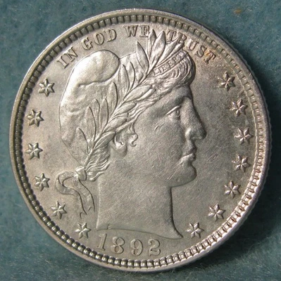 Moneda antigua de Estados Unidos de cuarto de plata barbero de 1892 sin circular Foto 1 de 4
