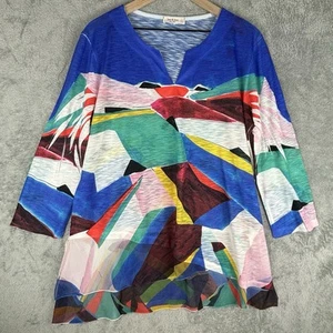 Jess & Jane Shirt Womens Large Abstract High Low Tunic Artsy Art to Wear Sheer - Picture 1 of 14