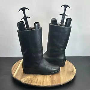 Bama Lams Mid Calf Boots Size 6 Women Black Leather Wedge Heel Fur Lined Zip - Picture 1 of 13