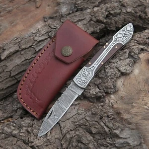 Personalized Engraved Knife Custom Damascus Hunting Folding Pocket Knife Sheath - Picture 1 of 12