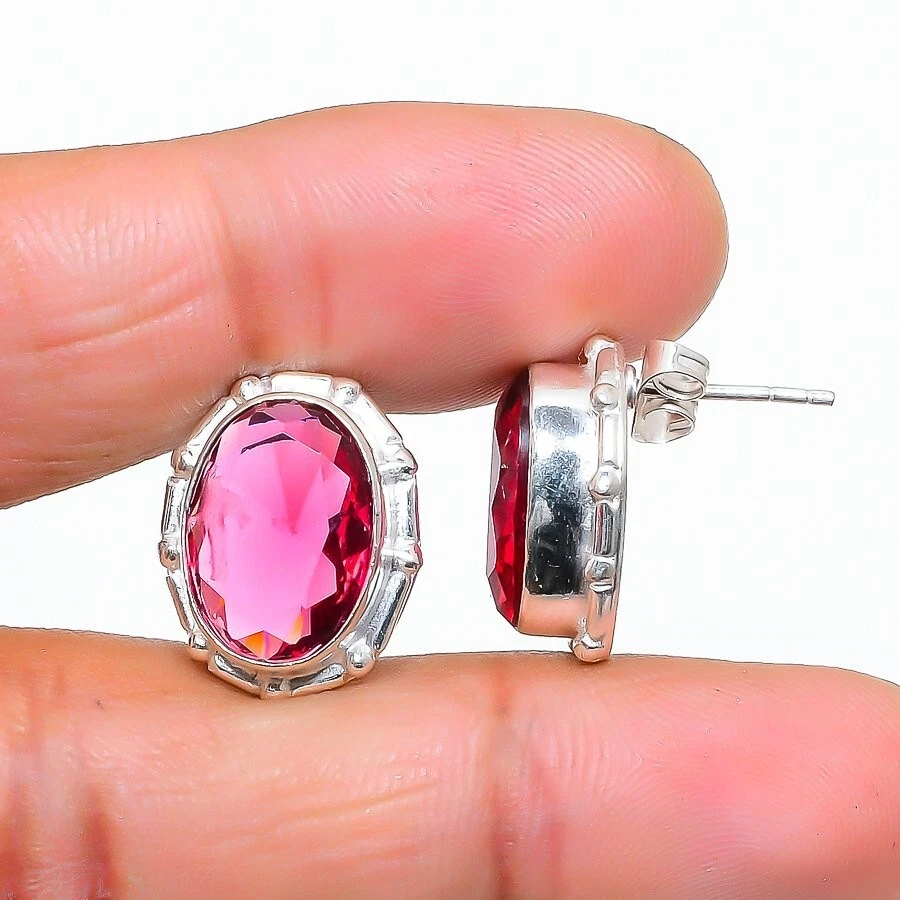 Pink Rubellite Gemstone 925 Sterling silver Stud Earring Size 0.75'' - Image 1 of 1