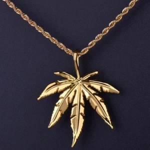 Gold Mens Weed Marijuana Stainless Steel Rope Chain Pendant Necklace - Picture 1 of 8