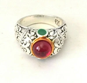 .925 SILVER PLATED TWO TONE RUBY EMERALD RING SIZE 9 - Picture 1 of 2