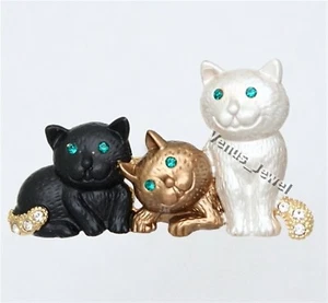 Three Happy Cats Kitty Kittens Rhinestone Crystal Brooch Pin B738 - Picture 1 of 2