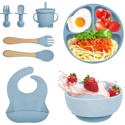 8Stk Baby Geschirrset Kindergeschirr Silicon Babylöffel und Gabel Fütterung Set - Bild 1 von 4