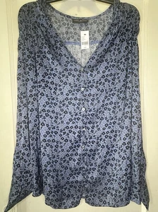Lane Bryant Größe 26/28 blau Knopfleiste & Manschetten Langarm Blumenmuster V-Ausschnitt Top neu mit Etikett - Bild 1 von 14