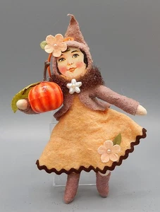 Vintage OOAK German Spun Cotton Girl With Pumpkin Halloween Ornament - Picture 1 of 7