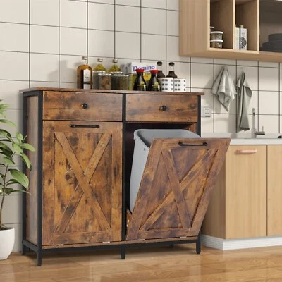 ECLIFE Double Barn Door Style Trash Cabinet,Wooden Kitchen Recycling Cabinet Trash Can